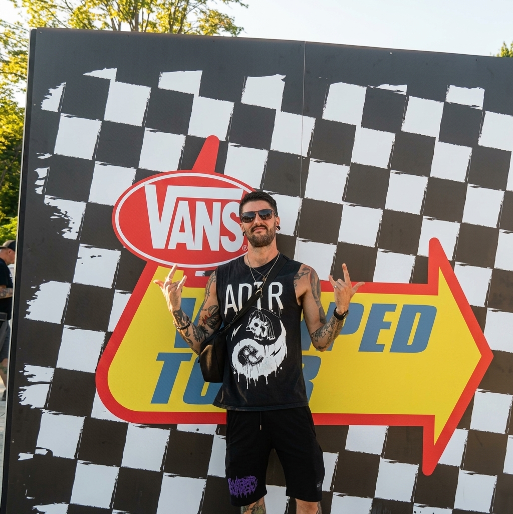 Shallow Graves artist wearing a black sleeveless shirt at a Vans event